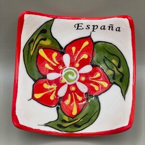 Flower Hand Painted Square Espana Spanish Trinket  Jewelry Bowl Dish 3” Ceramic